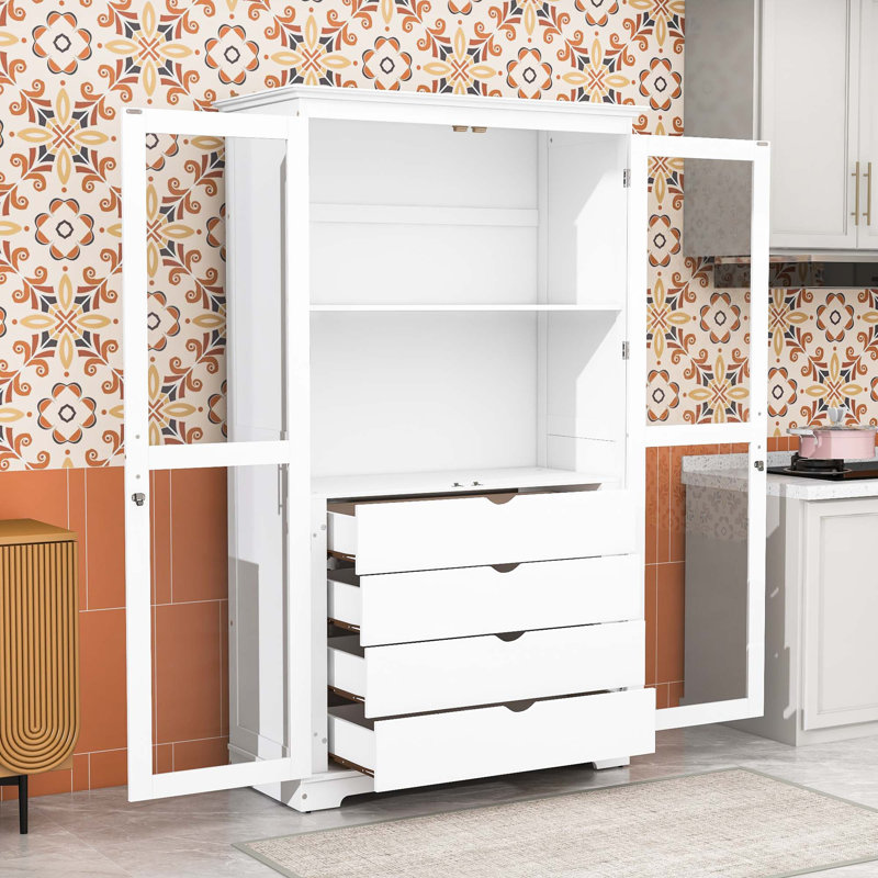 Armoire de cuisine avec portes en verre et 4 tiroirs, Blanc