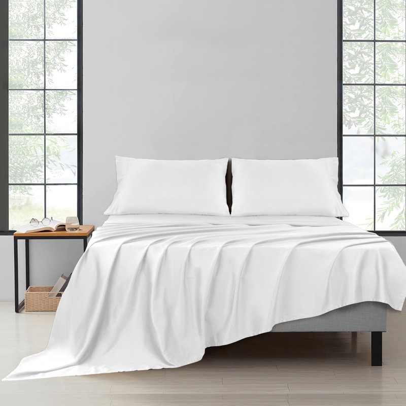 Ensemble de draps 100% satin de coton 200 fils respirant et rafraîchissant, Très grand, Blanc