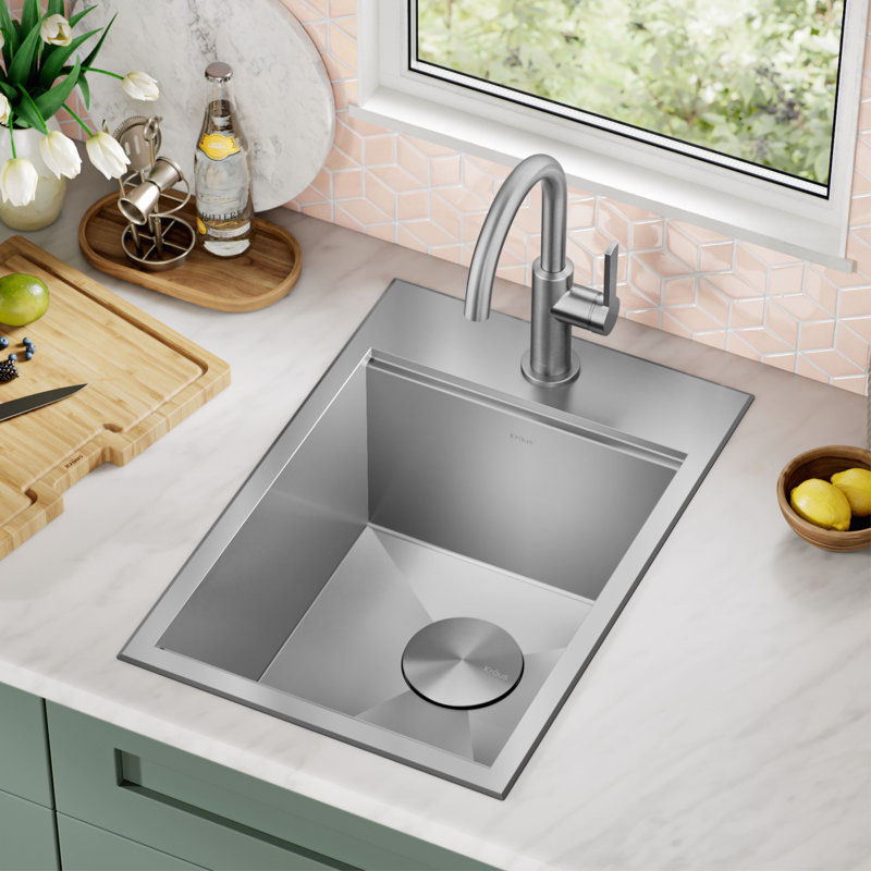 KRAUS Kore™ Workstation 17-inch L Undermount 16 Gauge Single Bowl Stainless Steel Bar Kitchen Sink, Drop-in