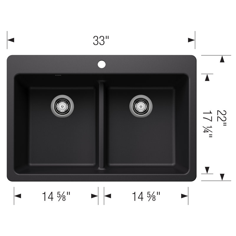 Liven SILGRANIT 33" L x 22" W Double Basin Drop-In/Undermount Kitchen Sink, Coal Black