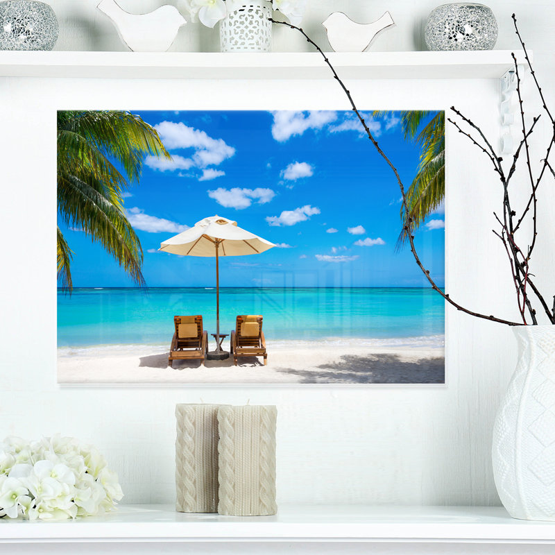 Reproduction de photo de plage, reproduction de photo sur la côte de l'océan turquoise - Plage turquoise avec chaises, Métal