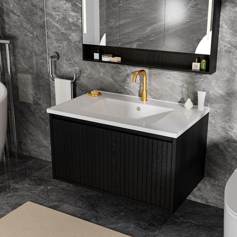 Meuble-lavabo mural de 30 po, noir, sans lavabo en céramique, grand rangement, espace de rangement flottant conforme aux normes Carb2, formaldéhyde faible, installation rapide