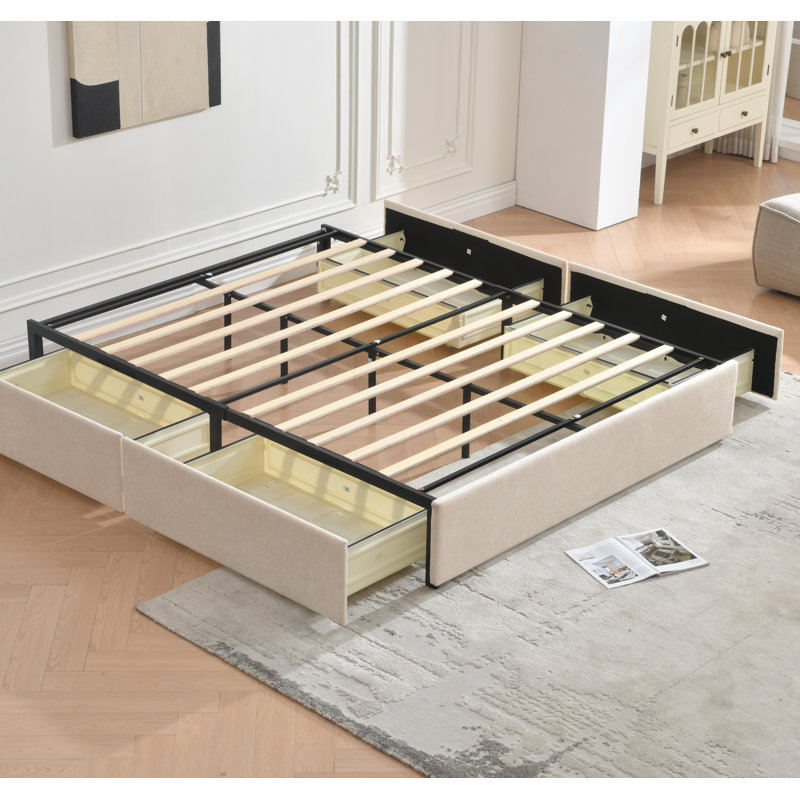 Lit plateforme avec rangement à 4 tiroirs Schernik, Beige, Double