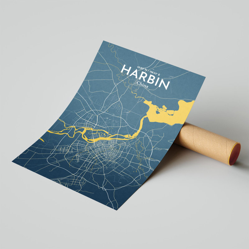 «Harbin City Map», impression, H 17 po x l 11 po, Bleu / Jaune