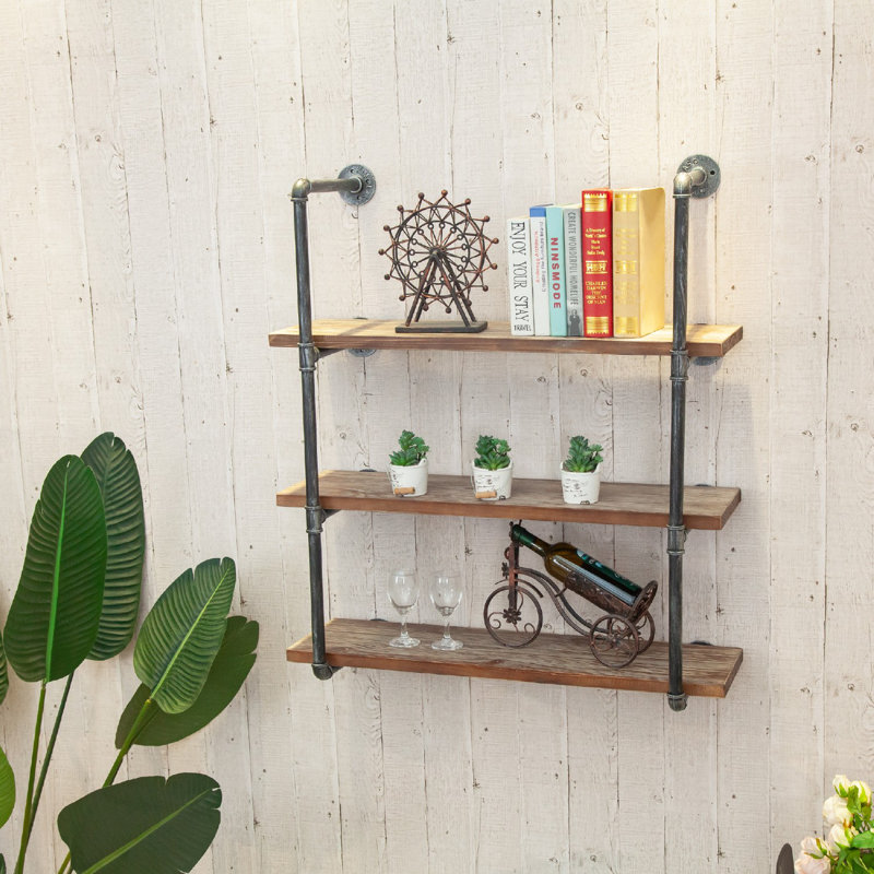 Industrial Retro Wall Mounted Iron Water Pipe Shelf/Bookcase/Shelving – Floating Shelf - Hung Bracket - DIY Storage Bookshelf – Height Adjustable Shelf - Wood Shelf (36In Width Three Tiers)