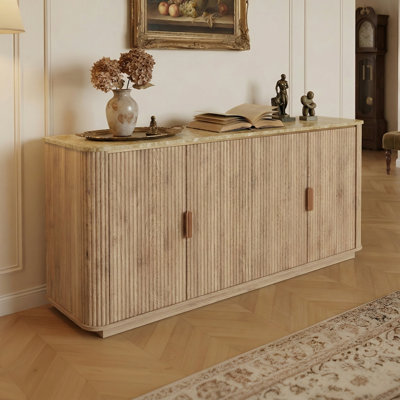 Buffet cannelé avec plateau en faux marbre et 4 portes, armoires de bar à café en bois avec tablettes réglables et garniture décorative dorée pour le salon de la cuisine