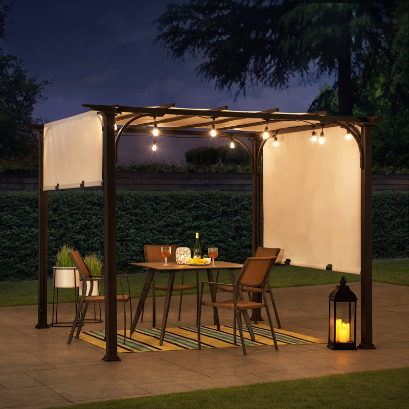 Pergola d'extérieur à cadre classique en acier brun avec abat-jour rétractable blanc pour la cour 10 pi x 10 pi SUNJoy Meadow
