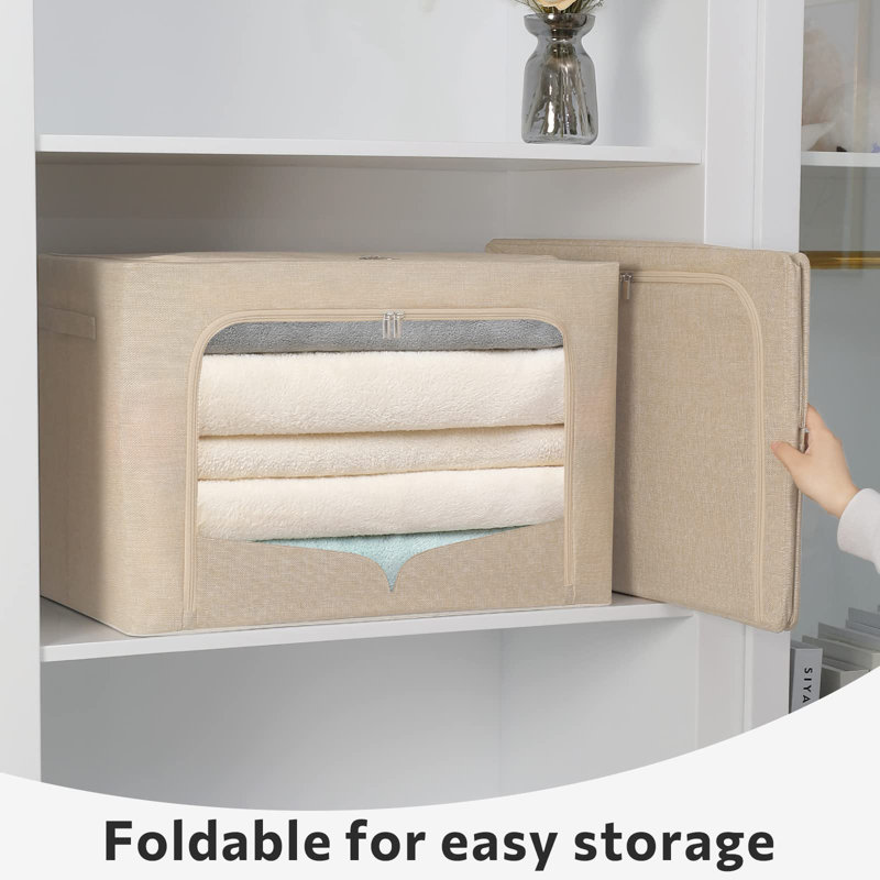 Beige Foldable Fabric Storage Bins with Clear Window, Set of 3