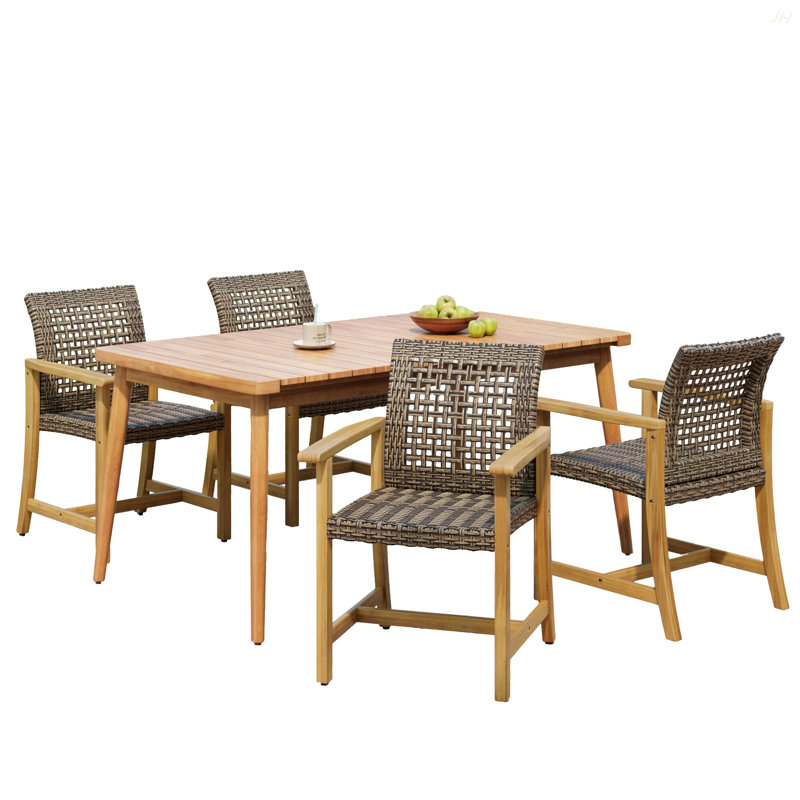 Ensemble de salle à manger 5 pièces pour patio, table à lattes de 63 po et 4 chaises en bois d'acacia et en rotin de polyéthylène pour patio