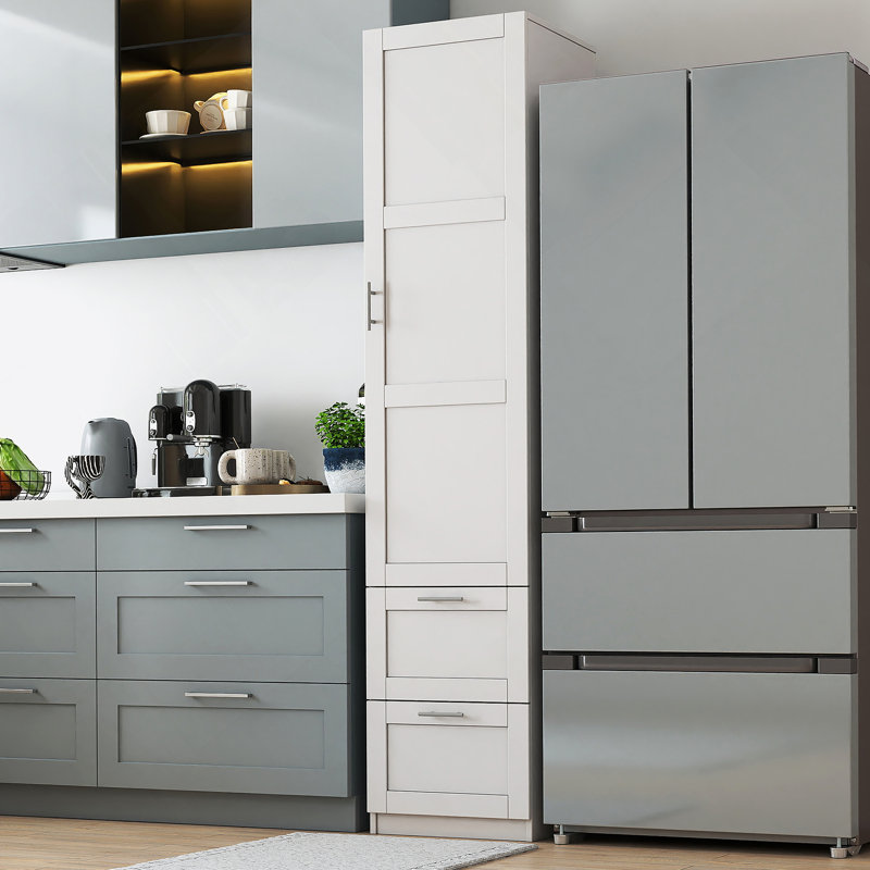 Grand garde-manger autoportant avec tablettes et tiroirs réglables pour la cuisine, la salle à manger ou l'espace de vie.