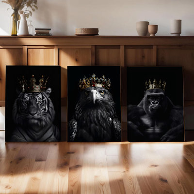 Ensemble de 3 affiches encadrées, 3 toiles décoratives en noir et blanc représentant des animaux royaux (tigre, aigle, gorille), style abstrait moderne, prêtes à accrocher. Idéales pour le salon, la chambre ou le bureau.