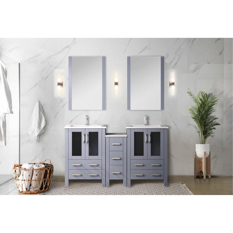 Meuble-lavabo double gris foncé 60 po Large avec armoire latérale, robinet, plateau en céramique blanche, 22 miroirs et comptoir de teinture longue durée