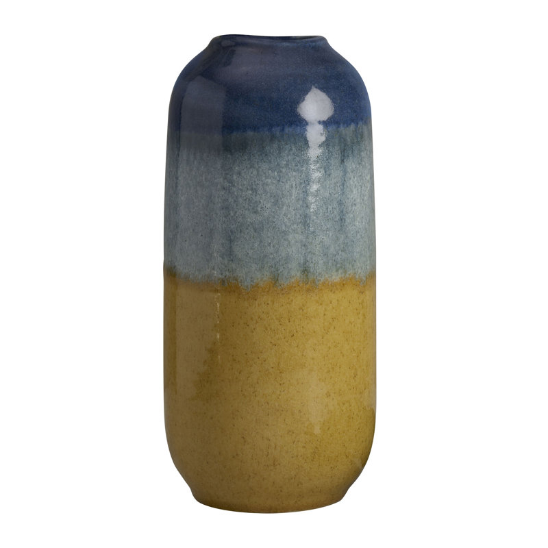 Blue and Tan Round Ceramic Table Vase