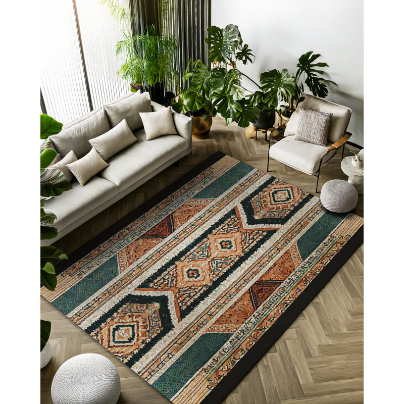 Manas Collection Digital Print Cotton-Polyester Colorful Moroccan Rug, Rectangle 5'3" x 6'7"