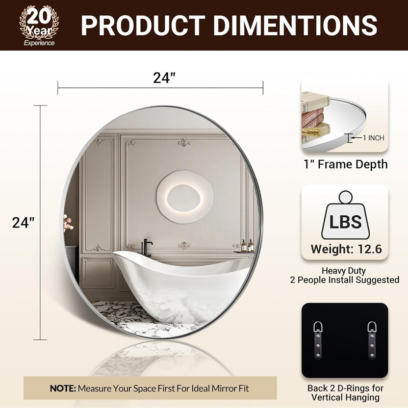 Miroir de salle de bain Kaitlee Cadre en acier inoxydable, Chrome poli, 24 po x 24 po, Round