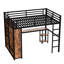 Noir, grand lit mezzanine en métal, armoire avec système de tablettes, espace de travail de bureau, espace de rangement, garde-corps pour les articles quotidiens sous le lit, lecture, organisation des tablettes, économie d'espace