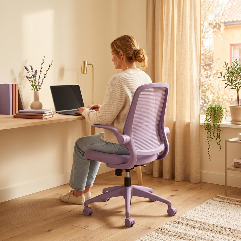 Ergonomic Mesh Task Chair with Flip-Up Arms and Lumbar Support for Small Spaces, Lavender