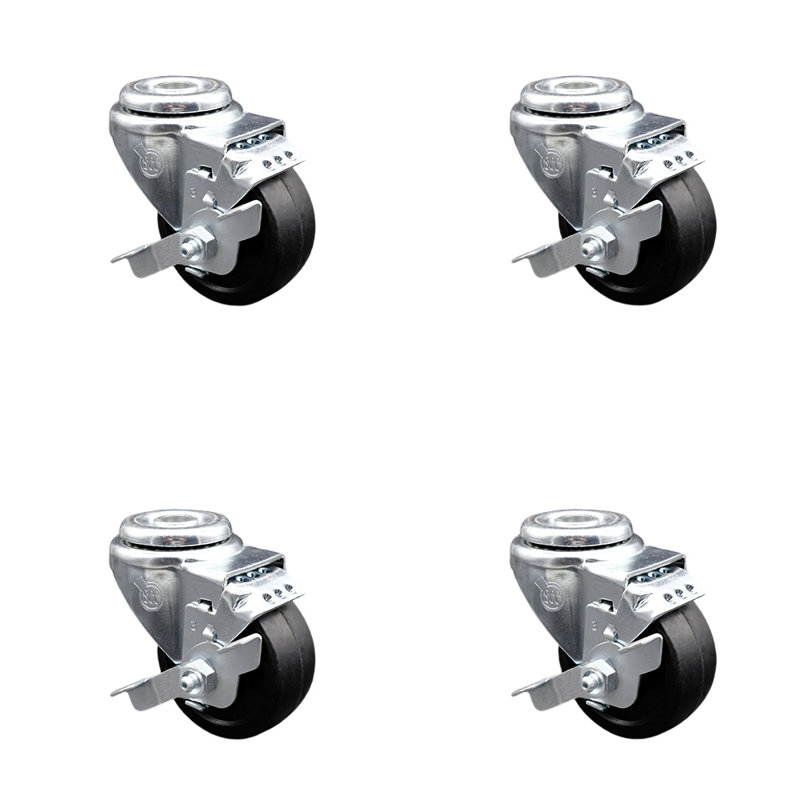 3 Inch Soft Rubber Wheel Swivel Bolt Hole Caster Set with Brake Service Caster