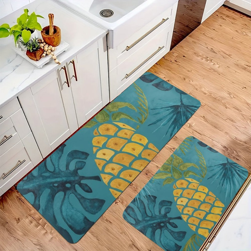 Tropical Pineapple Kitchen Mats for Kitchen Laundry Room, Set of 2, Teal Yellow