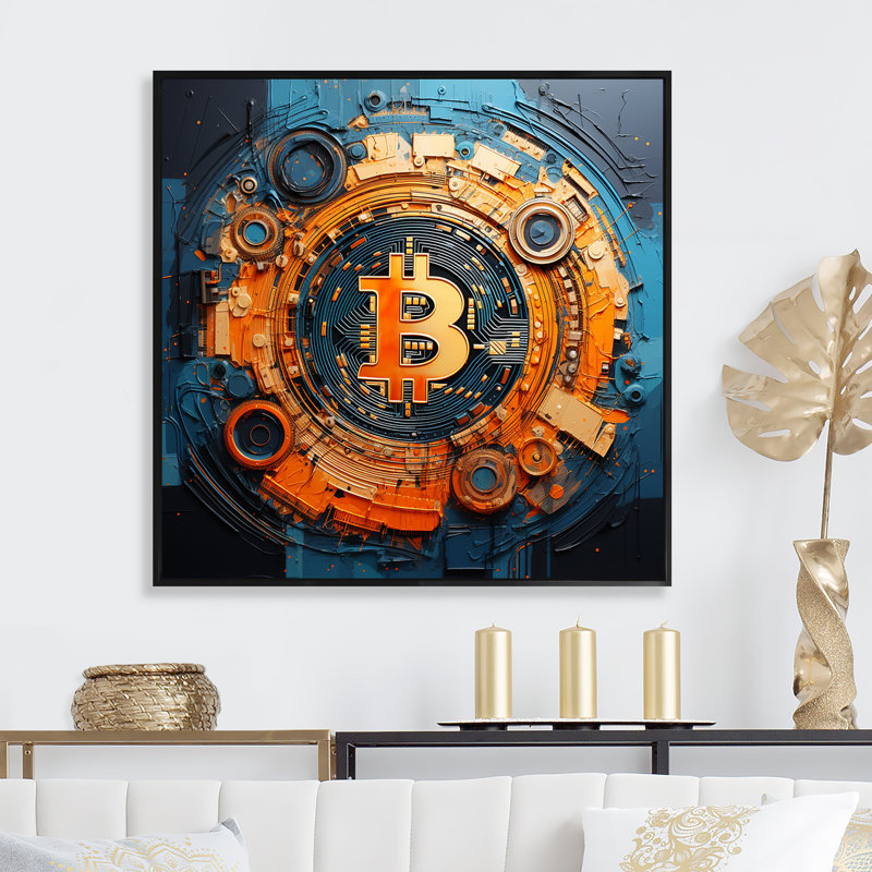 Orange Vibrant Bitcoin Crypto - Abstract Wall Art, 16" H x 16" W x 1" D, Black Floater Framed