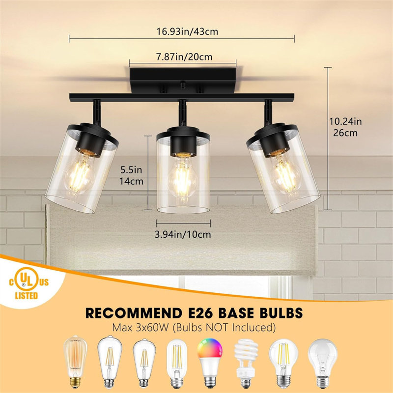 3-Lights Semi Flush Mount Ceiling Light with Clear Glass Shade, Matte Black