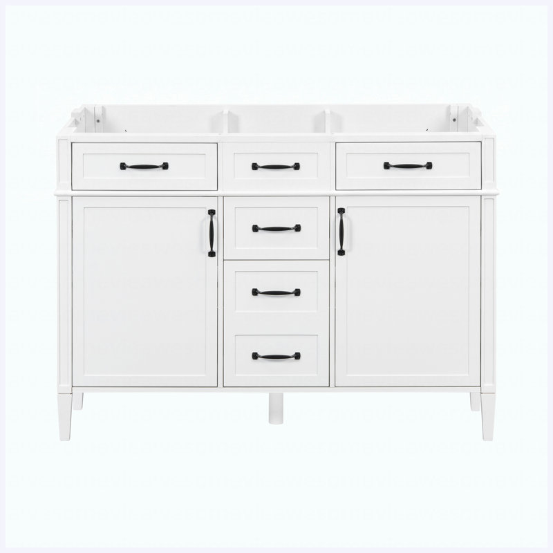 Base de meuble-lavabo autoportant 48 po 48 po, 4 tiroirs et 2 portes avec tablettes réglables, poignées en métal noir, blanc, panneau de fibres à densité moyenne