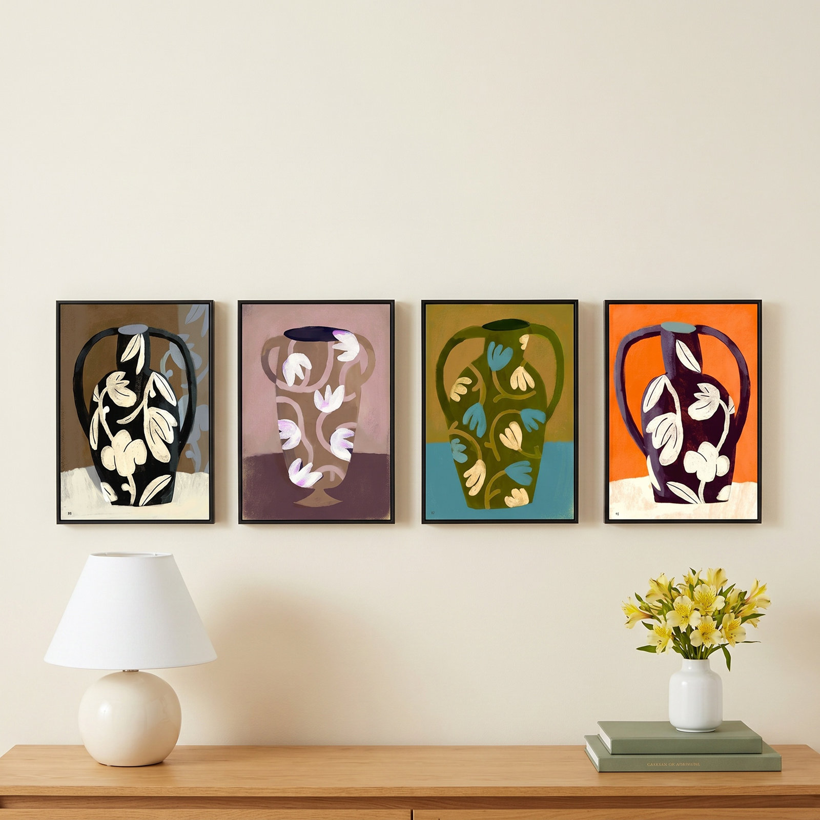 Vases 4-Piece Print Set by Marco Marella, Black Framed Canvas, 25" H x 17.5" W x 1.25" D