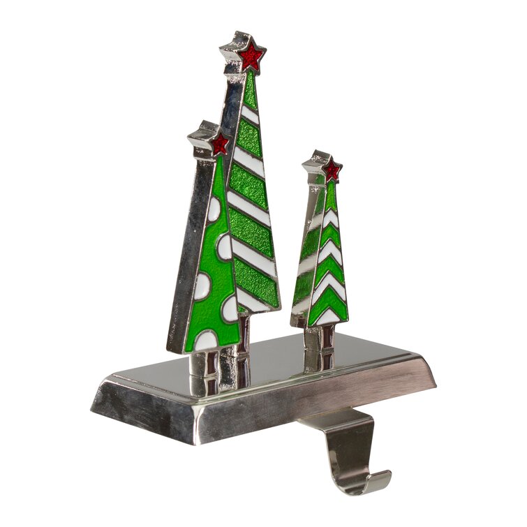7" Silver Green and White Christmas Tree Trio Stocking Holder