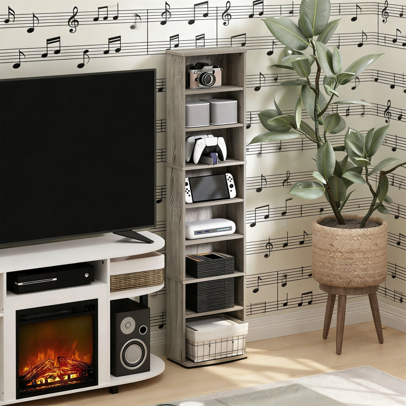 8-Tier Tall Narrow Media Shelf With Adjustable Shelves For Dvds & Cds, Gray