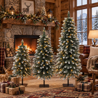 Ensemble de 3 arbres de Noël en forme de flocons de neige avec 250 lumières à DEL blanc chaud et 8 modes, de minces arbres artificiels de 3, 4 et 5 pieds avec des bases plates en métal, pour le coin du vestibule et le décor des Fêtes, blanc
