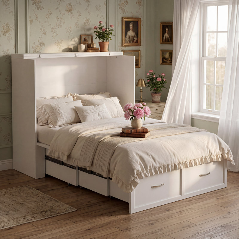 Space-Saving White Murphy Bed With Storage And Built-In Power Strip