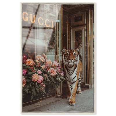 Tiger at the Store Framed High-Gloss Acrylic Glass Wall Art Fashion Designer Wall by Art Remedy, Silver Frame, 16 x 24