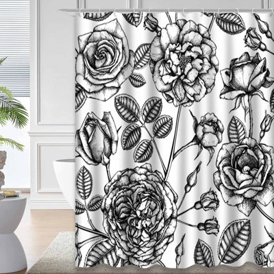 Rideau de douche imperméable à motif floral noir et blanc avec 12 crochets
