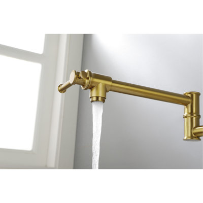 Modern Kitchen Pot Filler Faucet - Wall Mounted Brass Brushed Gold Arm For Handy Use Drip- Operation With Swing Finish Smooth Water Flow Regulation Two Handles