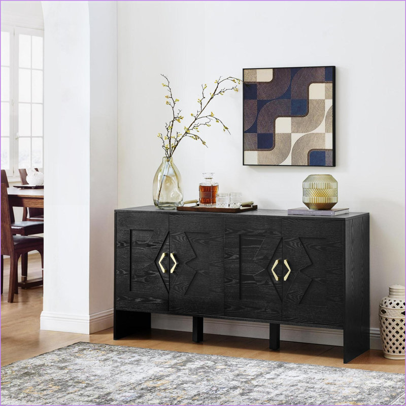 Sideboard Buffet Cabinet, 60” Mid Century Modern Black Storage Cabinet with Adjustable Shelves &amp; Outlet Holes | P2 Grade MDF | Solid Wood Feet