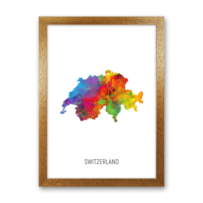Switzerland Watercolour Map by Michael Tompsett - Print, Brown Framed, 88cm H x 64cm W x 3cm D
