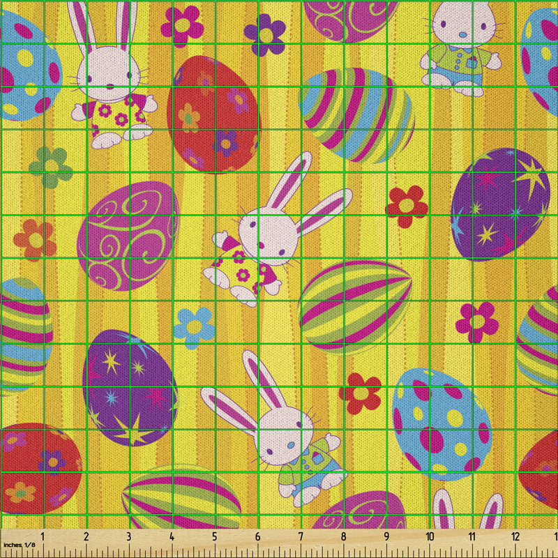 Dayri Funky with Different Daisies and Bunny Characters Multi-Purpose Fabric