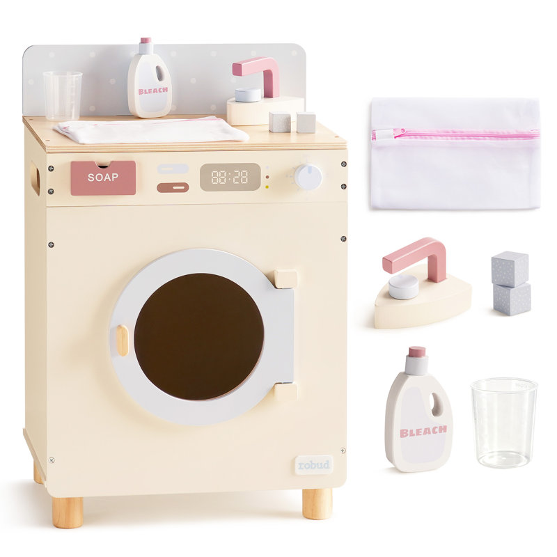  Aslee Pretend Washing Machine for Kids, Realistic Washing Machine Toy with Spinning Drum, Interactive Controls, Accessories Included