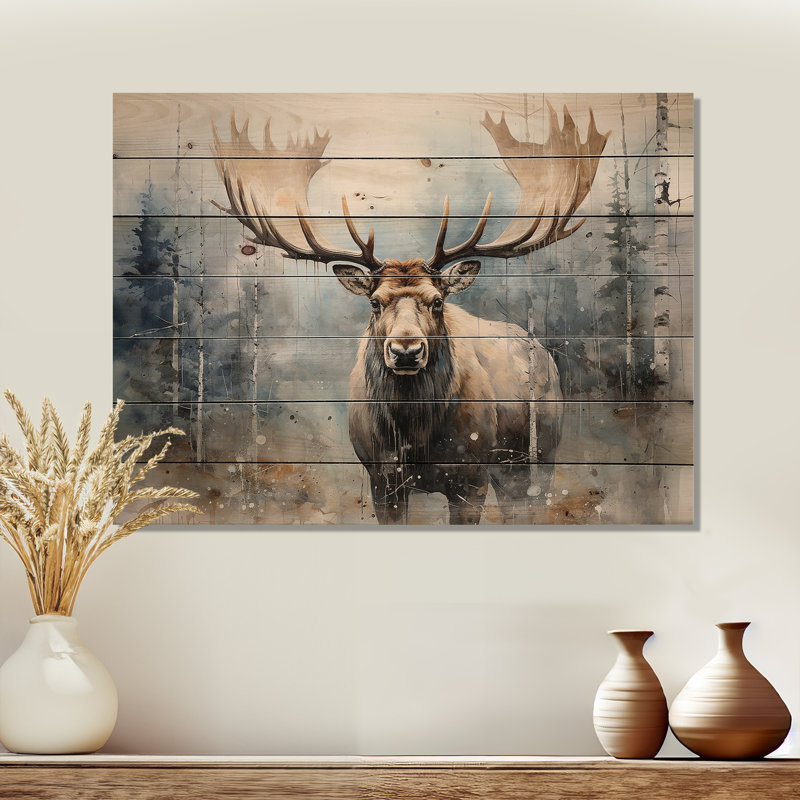 Orignal majestueux en forêt - Art sur bois d'orignal naturel, H 30 po x l 40 po