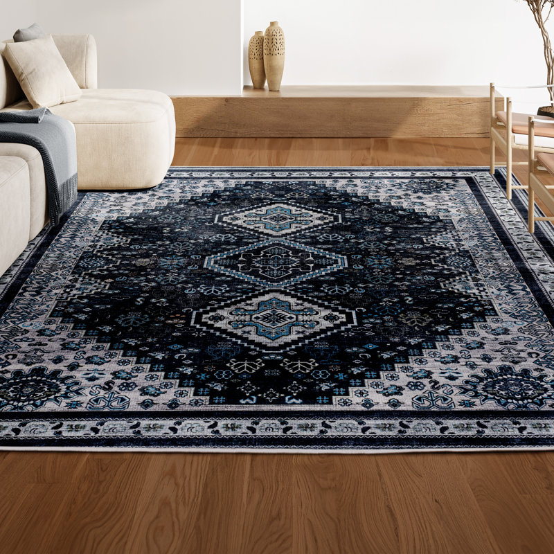 Dalyan Geometric Medallions Machine-Washable Navy/Light Gray Rug, Rectangle 5'3" x 7'7"