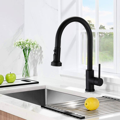 Robinet de cuisine en acier inoxydable noir mat avec distributeur et distributeur de savon, bec verseur, antirouille et rotatif à 360 °, débit de 1,8 gallon par minute antirouille, taux
