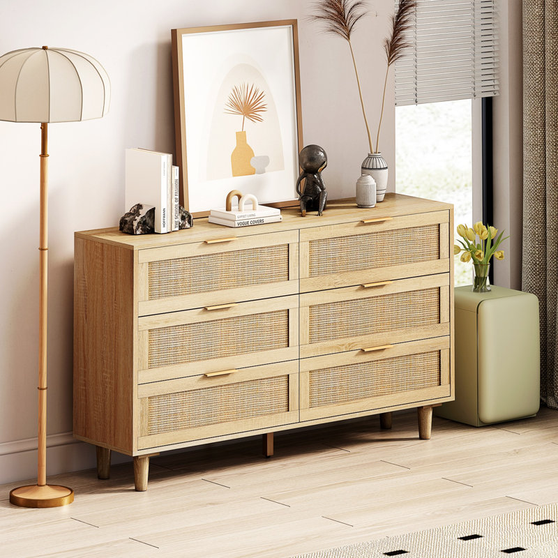 Multi purpose Rattan 6 Drawer Dresser,Modern Storage Cabinet with Wooden Legs, Natural, 29.53" H x  43.31" W x 15.75" D, Yes