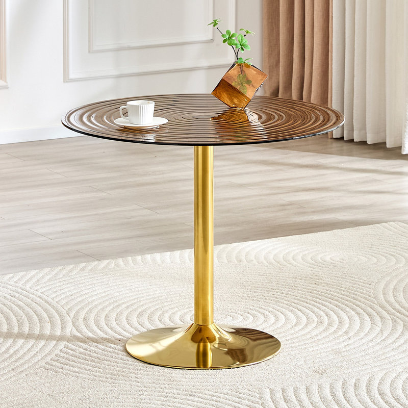 Table ronde légère en verre de luxe de 35 pouces de diamètre. Pilier en métal. Négociation, table basse, table de salle à manger. Convient aux petits espaces de salle à manger de 2 à 4 personnes.