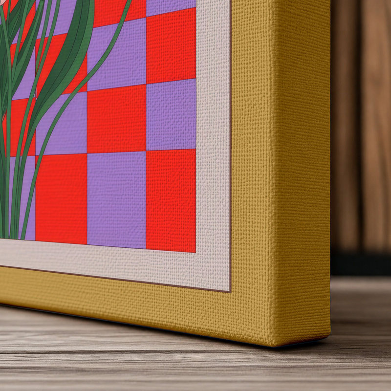 Pink Flowers on Checkerboard Botanical 1 Piece Wrapped Canvas Wall Art, 36x24 - 91.4 x 61.0 cm, Ochre Border
