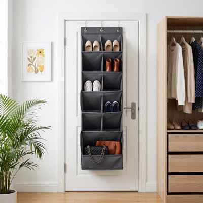 11 Pocket 6-Tier Over Door Shoe Organizer, Durable Oxford Fabric Hanging Storage Caddy with Side Mesh Compartments, Holds 15 Pairs Shoes for Closet & Entryway, Gray, 47" Tall