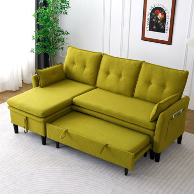 L-Shaped Reversible Chaise Sectional Sofa With Storage - Cotton-Linen, Green, Office & Apartment Ready