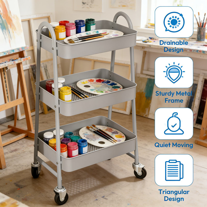 Chariot utilitaire roulant à 3 niveaux avec roues verrouillables, organisateur de rangement en métal robuste pour la cuisine, le bureau, la chambre de bébé et l'organisation à la maison