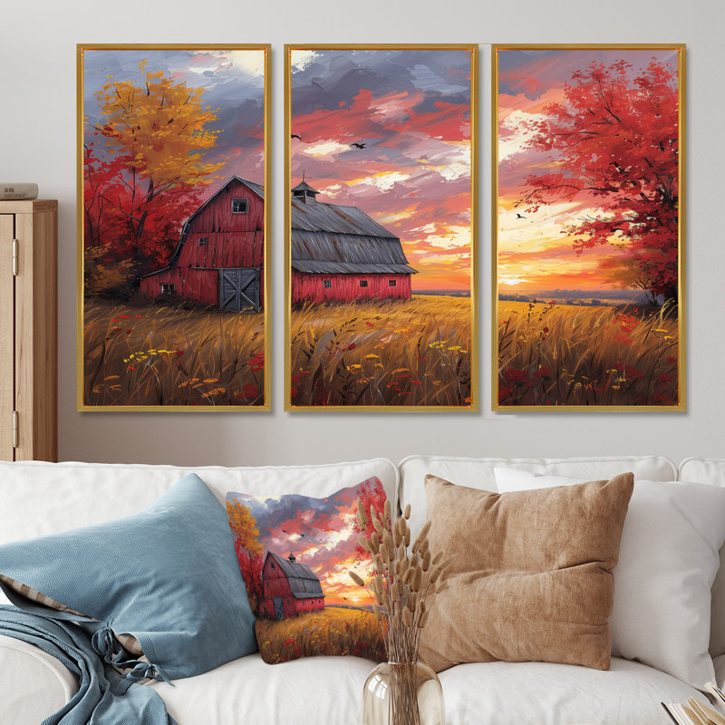 «Autumn Red Barn Breeze II», ensemble de reproductions d'art mural, Cadre flottant doré, H 40 po x l 60 po x P 1 po