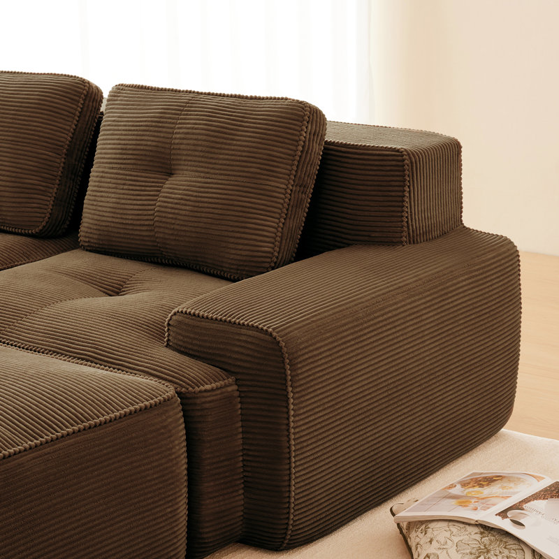 2 modulaires modulaires, en L 82 po, en velours côtelé brun, pour le salon, sans assemblage, base coulissante, conception, passepoil perlé, siège profond, ergonomique, conception incurvée chaleureuse