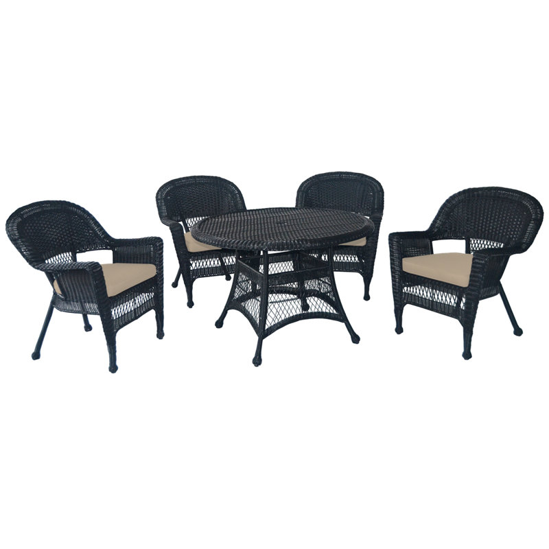 4 - Person Patio Dining Set with Round Table , Cushions Included, Black, Tan